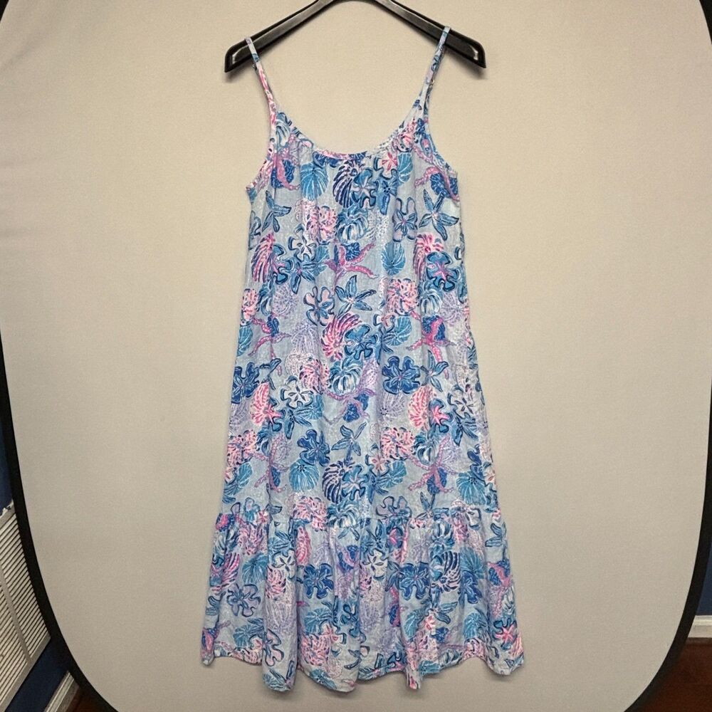 Lilly Pulitzer 100% Linen Midi Dress Size Large FEB24 Floral Boho C134 -10